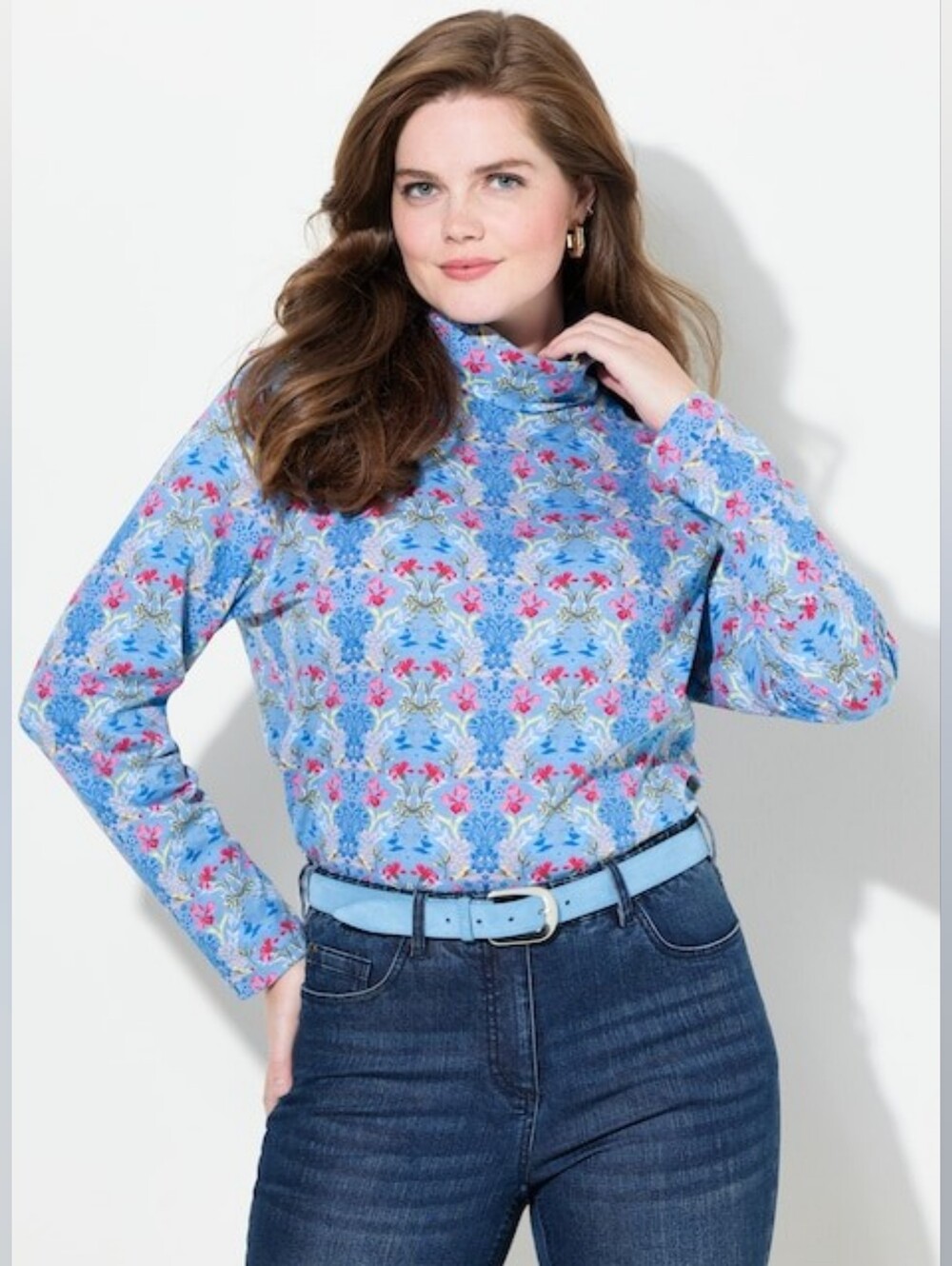 Ulla Popken Blue Floral Damask Print Long Sleeve Turtleneck Knit Top SZ 16 Boho